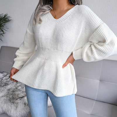 Lantern Sleeves Waist Hem Ruffle Knit Sweater