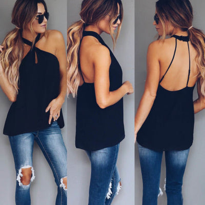 Summer Vest Top Sleeveless Backless Casual Tank Tops Halter Pure Color