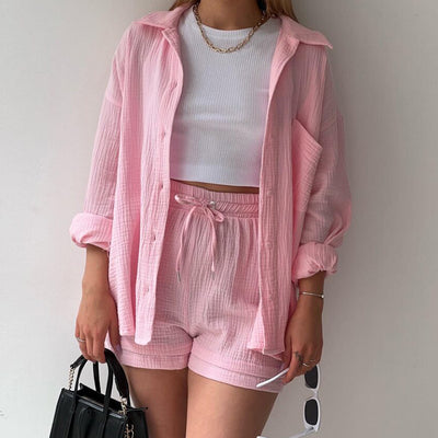 Long Sleeve Shirt High Waist Drawstring Shorts Large Fashion Casual Suit