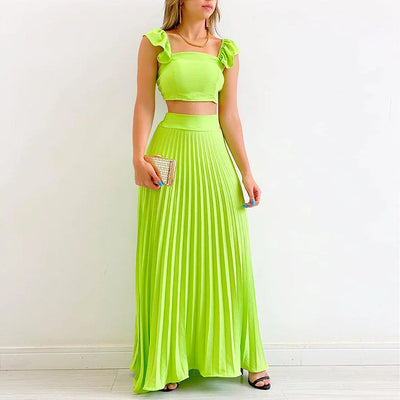 Short Tank Top High Waist Pleated Half Length Dress Fashion Casual Set