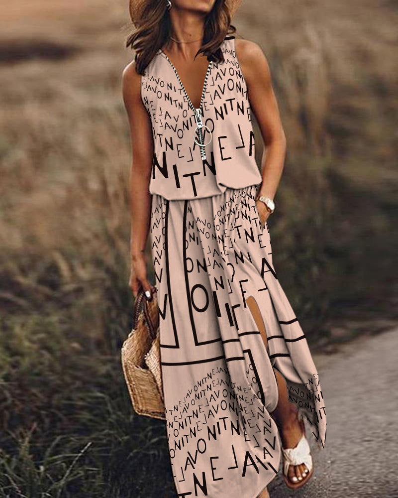 New Sleeveless Long Casual Waist Zipper Letter Print Dress