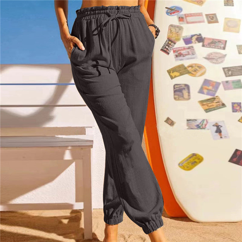 New Women's Linen Cotton Lotus Leaf Trousers Elastic Casual Pants