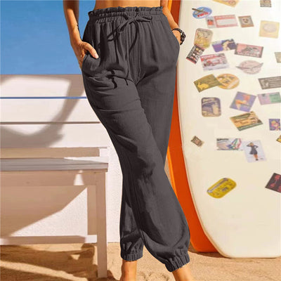 New Women's Linen Cotton Lotus Leaf Trousers Elastic Casual Pants