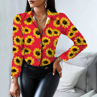 Women's Dress Shirts Long Sleeve Buttoned Sunflower Print Shirt