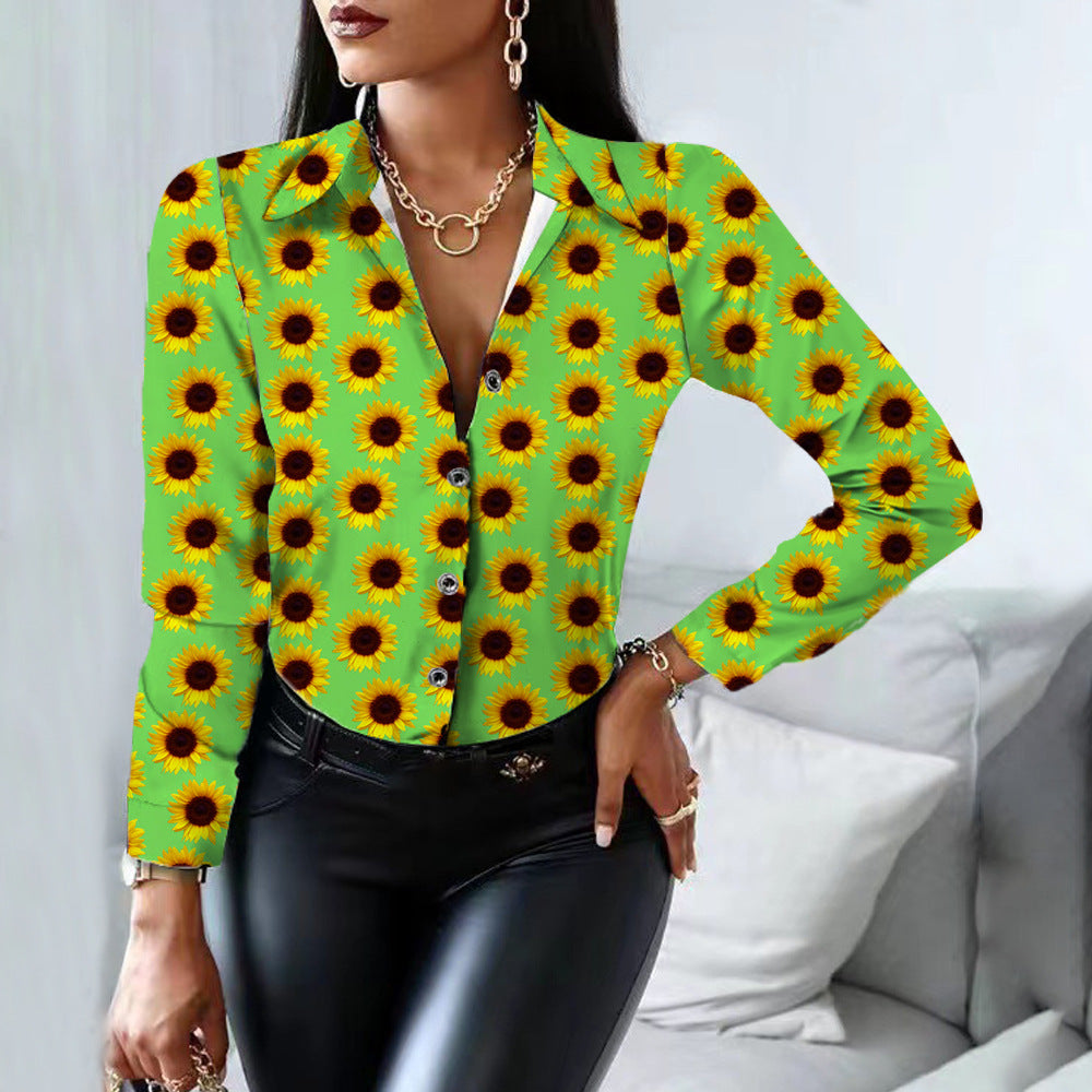 Women's Dress Shirts Long Sleeve Buttoned Sunflower Print Shirt