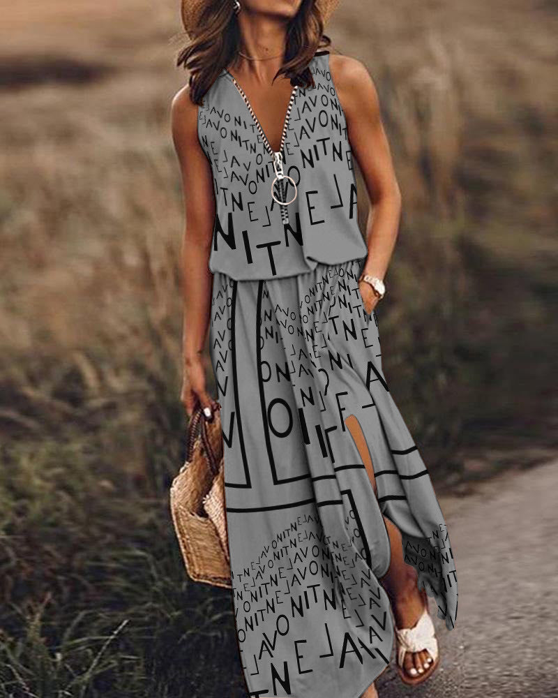 New Sleeveless Long Casual Waist Zipper Letter Print Dress