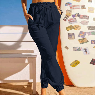 New Women's Linen Cotton Lotus Leaf Trousers Elastic Casual Pants