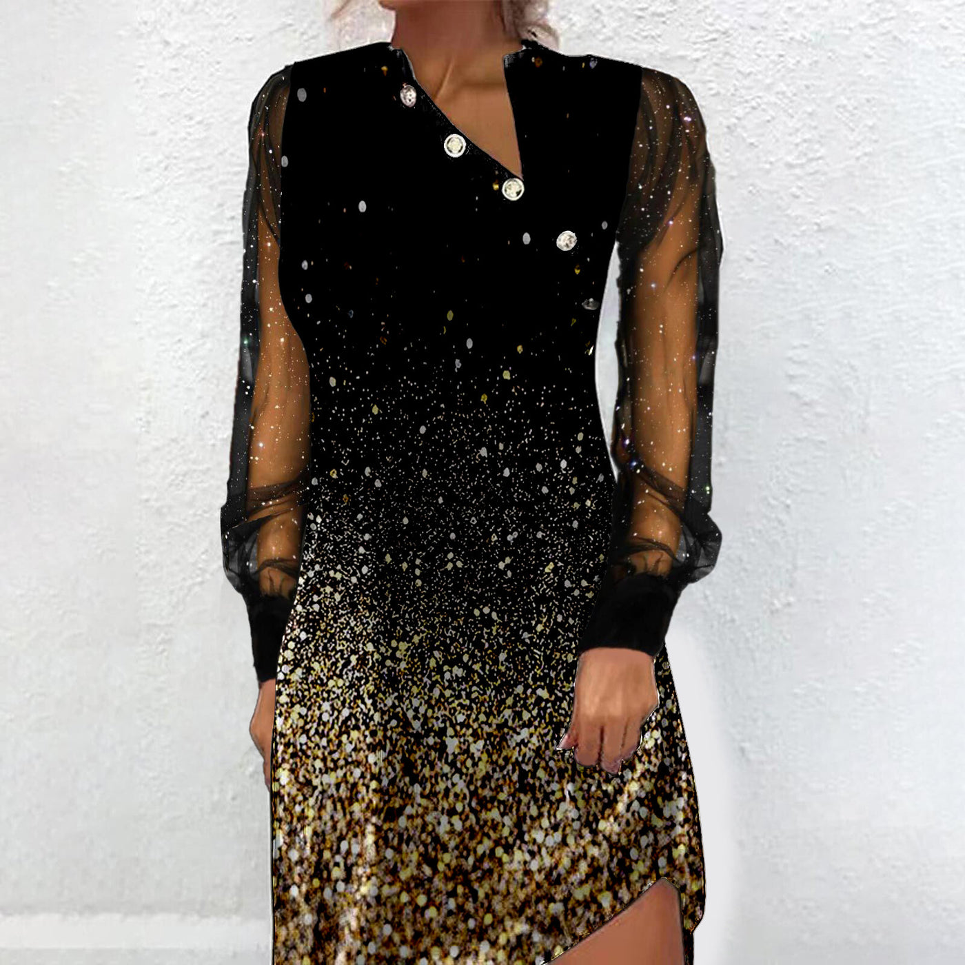 New Button Mesh Splicing Digital Printing Long Sleeve Dress