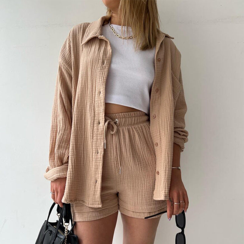 Long Sleeve Shirt High Waist Drawstring Shorts Large Fashion Casual Suit