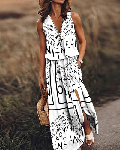 New Sleeveless Long Casual Waist Zipper Letter Print Dress