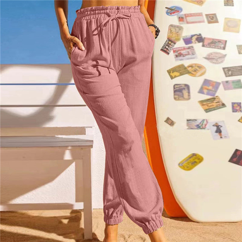 New Women's Linen Cotton Lotus Leaf Trousers Elastic Casual Pants