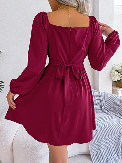 Solid Color Stringy Selvedge Square-neck Cinched Large Swing Dress