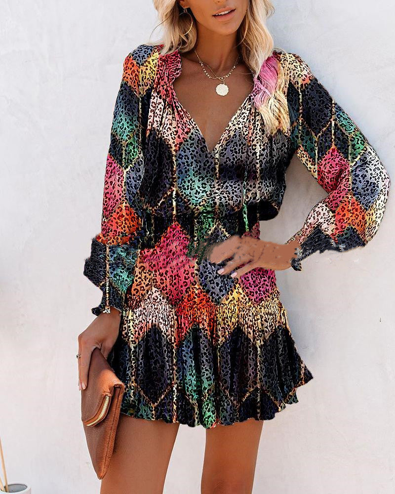 Fashion Color Leopard Print Long Sleeve Dress