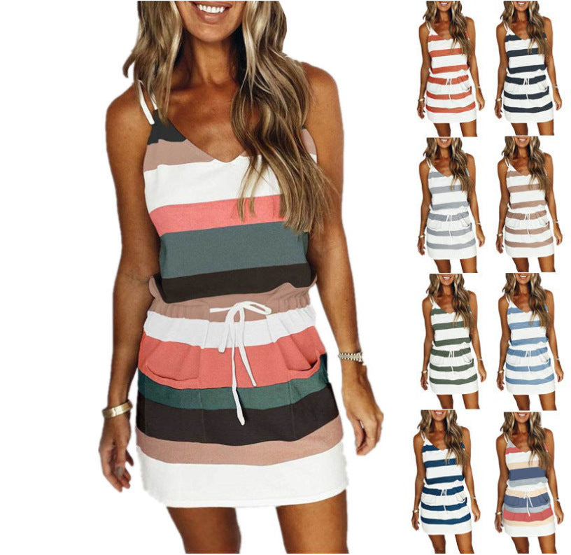 Fashion Stripe Drawstring Dress Women's Comfortable Casual Outfits Wear