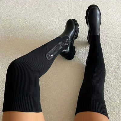 Over-Knee Black Boots Side Zipper Fashion Platform Sock Shoes