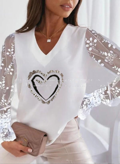 V-neck Printed Stitching Mesh Sleeves Bottoming Shirt