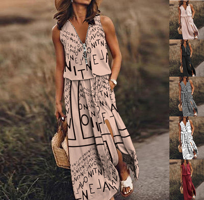 New Sleeveless Long Casual Waist Zipper Letter Print Dress