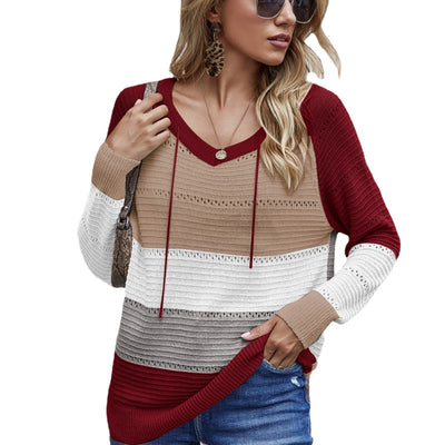 Contrasting Knitted Sweater Hoodie Loose