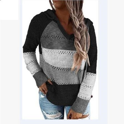 Contrasting Knitted Sweater Hoodie Loose