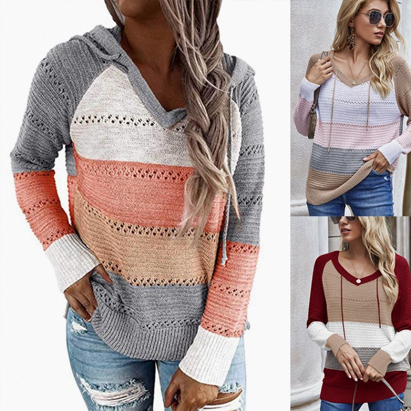 Contrasting Knitted Sweater Hoodie Loose