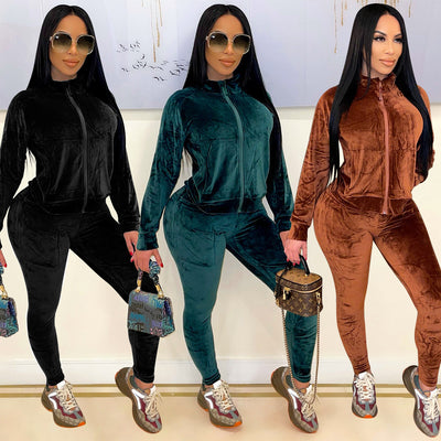 Women's Solid Color Gold Velvet Long-Sleeved Pants Suit for Fashion, Sports, and Leisure